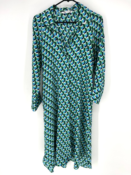 Zara Dresses & Skirts - Zara Blue & Green Printed Long-Sleeve Midi Shirt Dress